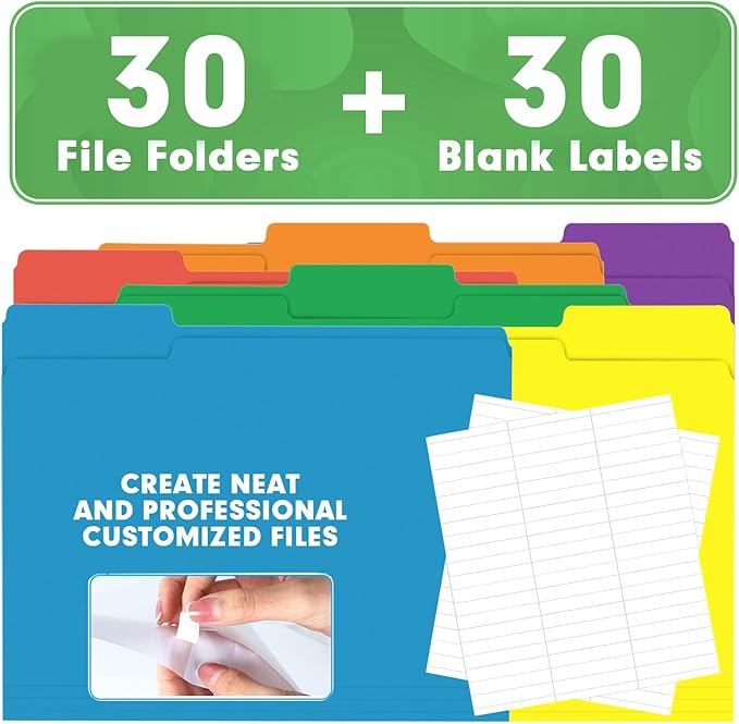 File Folder, HERKKA 30 Pack 1/3 Cut Tab File Folders, Colored File Folders Designed for Office and Classroom Use, Letter Size, Assorted 6 Colors