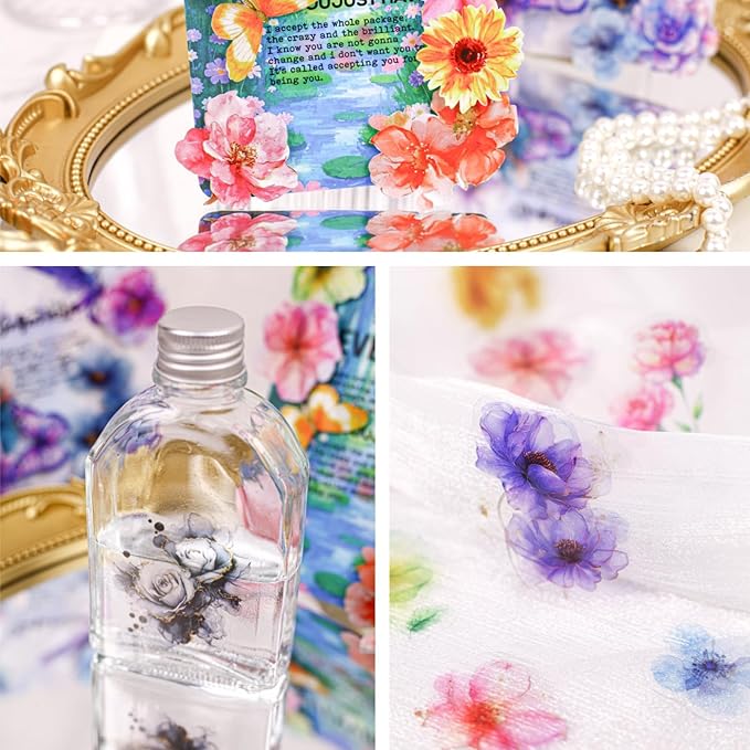 120 Pieces Vintage Floral Themed Scrapbook Stickers, 6 Pack Aesthetic Decorative Flower Stickers for Scrapbooking Planner Junk Journal Supplies Collage