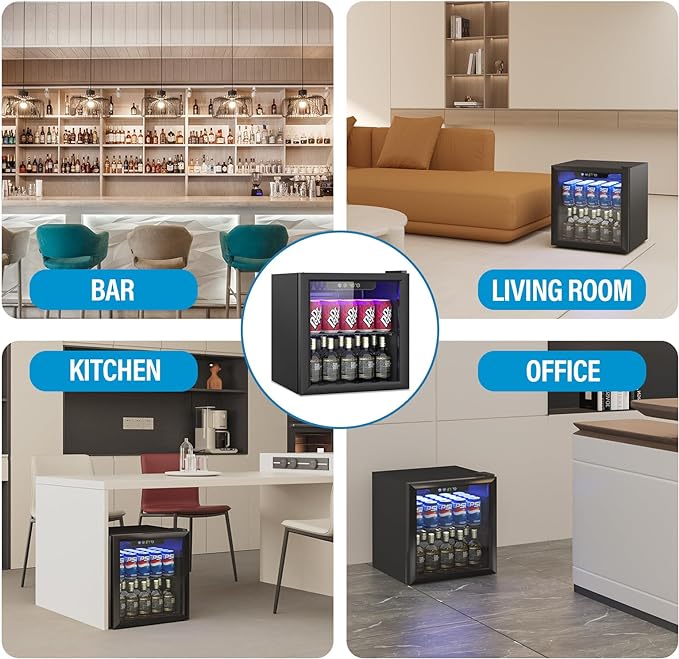Compact Beverage Refrigerator,60 Can/1.3 Cubic Feet Mini Fridge with Glass Door for Soda, Beer, or Wine, Under Counter Small Refrigerator with Adjustable Shelves and Digital Display