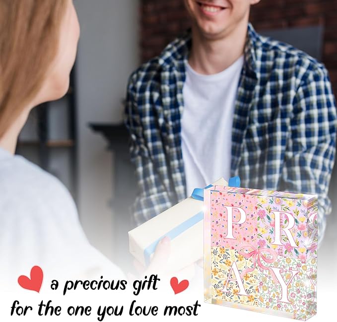 Appreciation Gifts, Pink Bow Christian Gifts for Women, Pink Office Home Decor for Women, Flowers Desk Decorations for Office- Pray- Christian Desk Plaque- Pray-Bible Verse Decoration