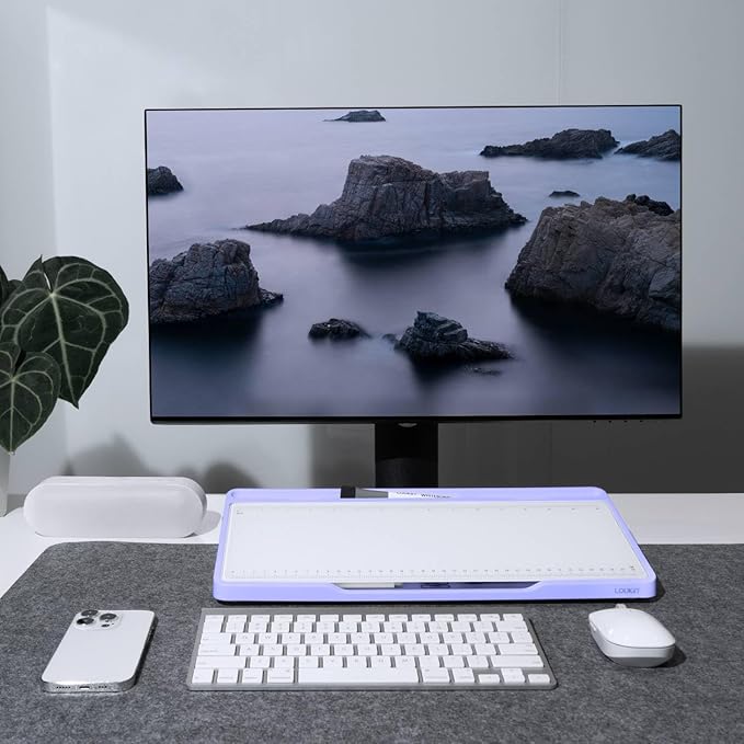 LOUKIN Glass Desktop Whiteboard, 15.3" x 5.6" Dry Erase Desk Board with Dotted and Graduated Surface, Desktop Buddy, Great for Design and Drawing, 3 Markers and 1 Dry Erase Eraser Included (Purple)