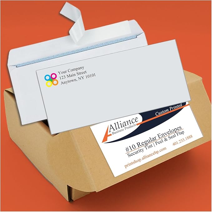 500 Envelopes #10 Custom Printed Regular Self-Seal Security Envelopes, Text and Logo Customization, Size 4 1/8 x 9 1/2 Inches, White, 24lb