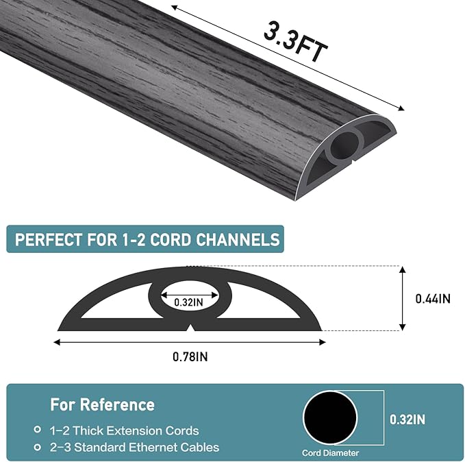 Floor Cord Cover Self Adhesive Cord Hider Floor Extension Cord Covers for Floor Power Cord Protector Cable Management Prevent Cable Trips Cable Cavity 0.32" W x 0.32" H (Deep Grey Wood, 3.3Ft)