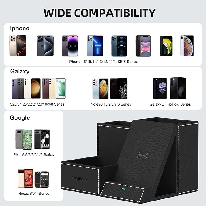 TopMade Wireless Charger with Desk Nightstand Organizer, PU Leather Pen Pencil Holder Fast Charging Station, Office Supplies for Iphone Charging Stand, Anniversary Birthday Gifts for Men(Black)