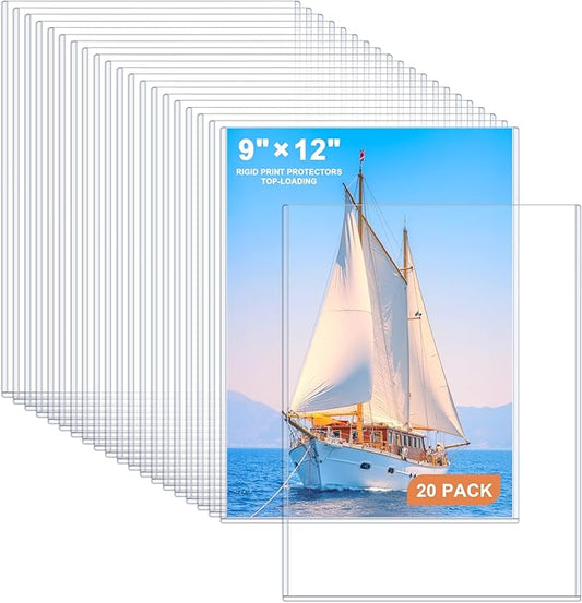 Ndsox 20 Pack 9" x 12" Rigid Print Protectors Clear Hard Plastic Sheet Protectors Top Loading for Photographs, Photo Papers, Posters, Prints, Birth Certificates, Heavy Duty No-Hole Rigid Photo Sleeves
