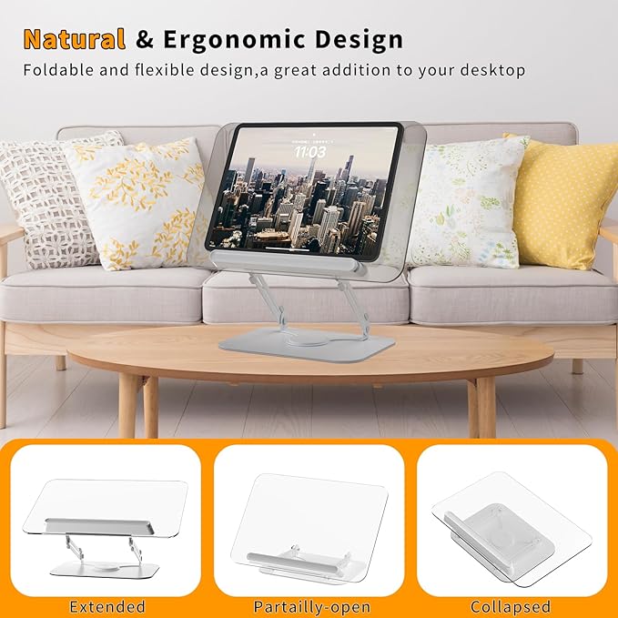 Acrylic Book Stand for Reading,Adjustable Holder with 360° Rotates Base & Page Clips,Foldable Desktop Ricer for Cookbook,Music Scores,Laptop,Tablet,Recipe,Textbook,Magazines