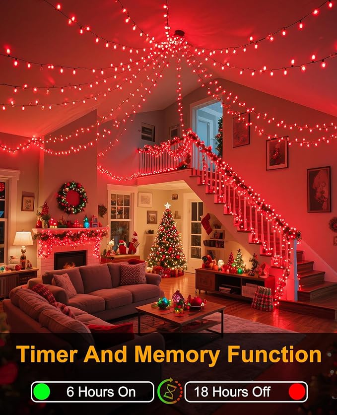 157FT 480 LED Christmas Lights Outdoor, LED Plug in Christmas Tree Lights Waterproof, 8 Modes Green Wire Twinkle String Light for Indoor Room Patio House Holiday Decorations, Red