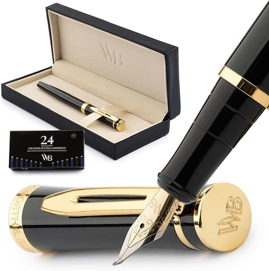 Wordsworth & Black Fountain Pen Set, 18K Gilded Bent Nib, Includes 24 Pack Ink Cartridges, Ink Refill Converter & Gift Box, Gold Finish, Calligraphy, [Black Gold], Perfect for Men & Women