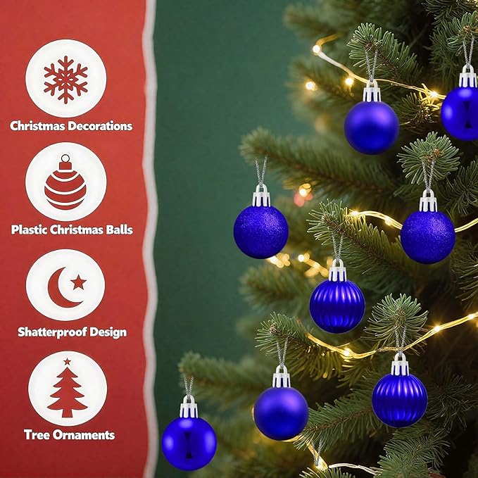 Set of 24 Small Blue Christmas Ornaments Balls for Christmas Tree, 1.2 inch Mini Blue Ornaments for Mini Tree, Tiny Plastic Shatterproof Hanging Bulbs Xmas Valentine Party Indoor Outdoor Decorations