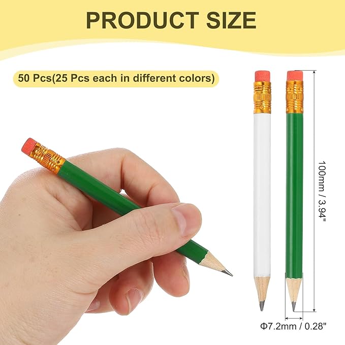 MECCANIXITY Golf Pencils with Erasers, 4" HB Mini Half Pencils Pre Sharpened Small Pens for Wedding Bridal Shower Game Office Writing Drawing(Green/White, Pack of 50)