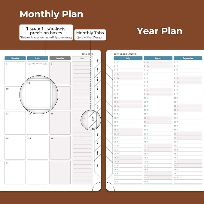 Planner 2025-2026 Daily Weekly and Monthly,11.5"x8.5",18 Months Spiral Bound Calendar Agenda with Self-adhesive Pen Holder,2026 Academic Plan with Vegan Leather Soft Cover,Brown