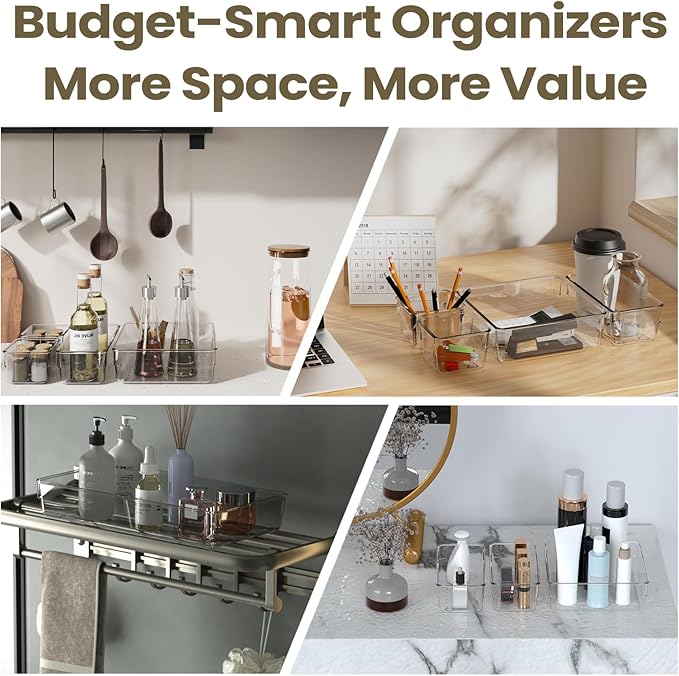 6 PCS Clear Plastic Drawer Organizer Set, 2 Sizes Acrylic Drawer Storage Trays Non Slip Storage Bins for Makeup, Jewelry, Gadgets for Kitchen, Bedroom, Bathroom, Office