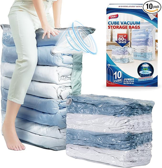 TAILI 10 Pack Vacuum Storage Bags, Jumbo Cube Space Saver Bags (31x40x15 Inch), Extra Large Vacuum Sealer Bags for Comforters Blankets Bedding Clothing, Closet Organizer, Cream