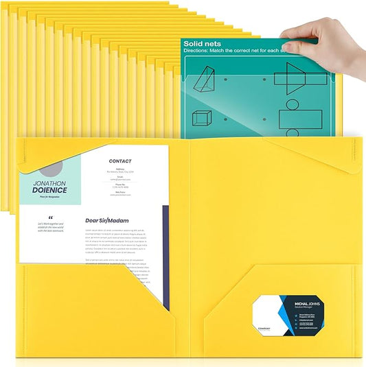 Henoyso 100 Pcs Plastic Folders with Clear Front Pockets Bulk Heavy Duty File Folders with 2 Pockets and Card Slot for Student Teacher Back to School Supplies Office Presentation (Yellow)