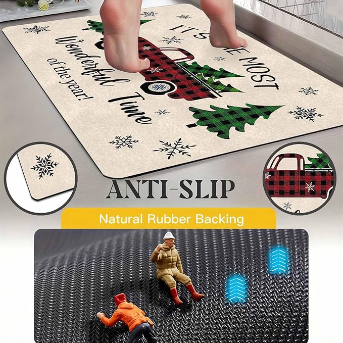 Merry Christmas Buffalo Plaid Truck Doormat Welcome Tree Mat Non Slip Holiday Xmas Front Door Mat for Entrance Indoor Home Bathroom Floor Decoration, 18" x 30"Inch