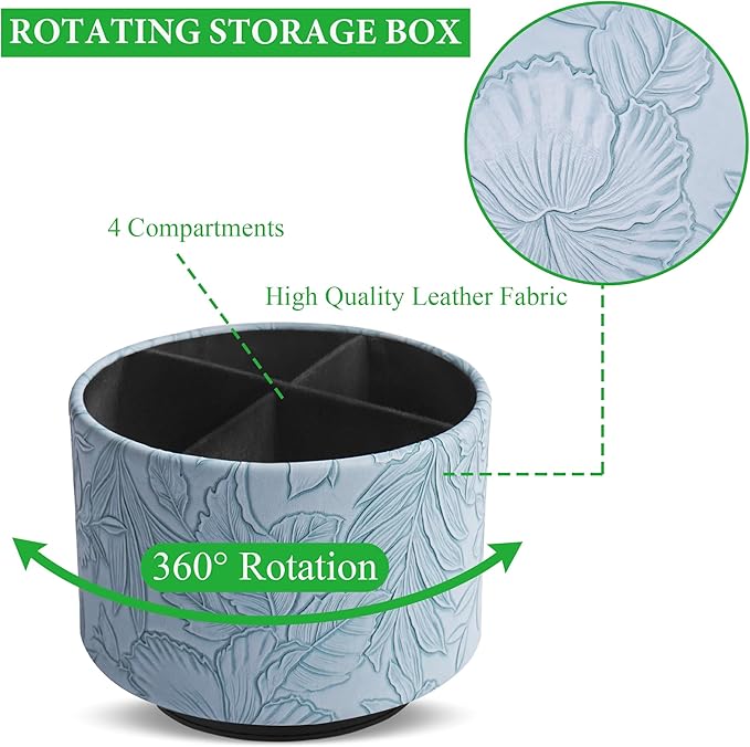 Hennaja Round Leather Art Supply Organizer,Remote Control Holder,360 Degree Spinning,Multi-Functional Pencil Holder,4 Compartments Desktop Stationary Organizer(1-Carved Light Blue)