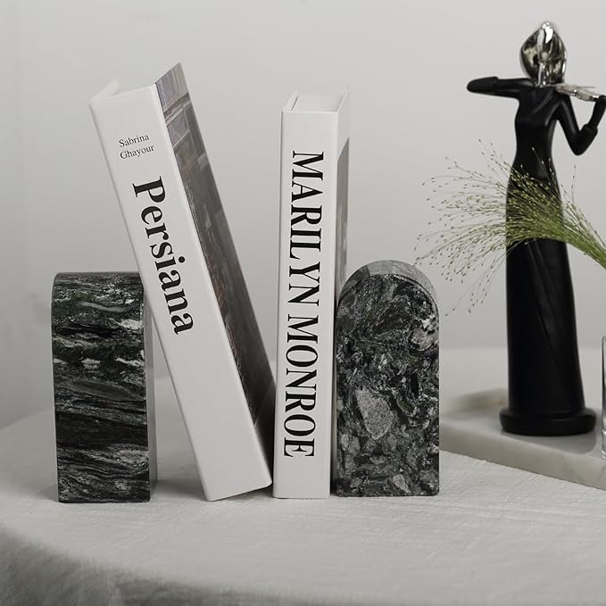 Koville Natural Marble Bookends for Shelves, Decorative Book Ends, 7lbs Heavy-Duty Marble Book Holders, Bookshelf Apartment Decor for Normal Books/CD/Video Games(Olive Green)