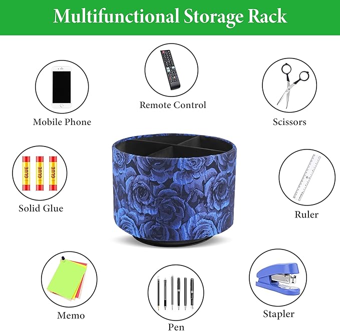 QIELIZI Round Leather Art Supply Organizer,Remote Control Holder,360 Degree Rotating,Multi-Functional Pencil Holder,4 Compartments Desktop Stationary Organizer(1-3D Rose Blue)