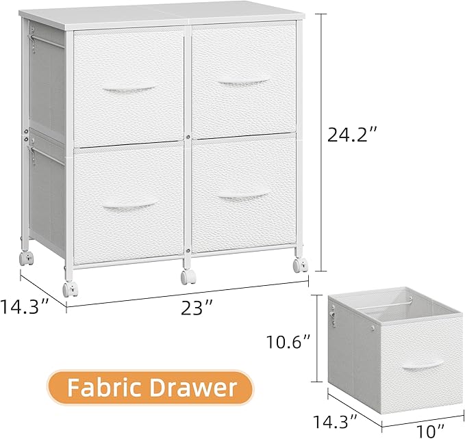 4 Drawer Lateral File Cabinet, Mobile Filing Cabinet for Large Printer, Home Office Functional Small Office Storage Cabinet & Printer Stand, Fabric Drawer, Fits Letter/A4, White