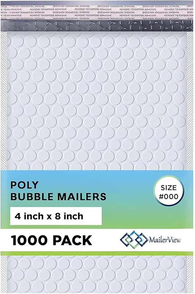 White Small Bubble Mailers 4x8 Inch #000 | Thick Padded Poly Bubble Mailer Envelopes | Waterproof Mailing Envelopes | 1000 Pack Bulk | Trading card sports Card Shipping