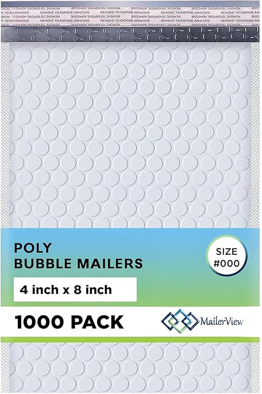 White Small Bubble Mailers 4x8 Inch #000 | Thick Padded Poly Bubble Mailer Envelopes | Waterproof Mailing Envelopes | 1000 Pack Bulk | Trading card sports Card Shipping