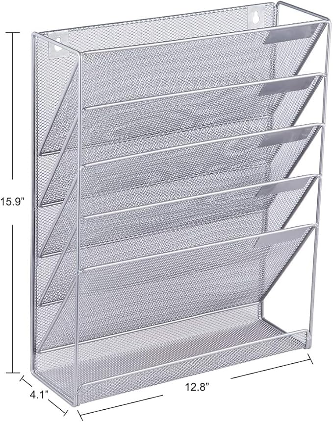 EASEPRES Desk File Organizer Mesh 6-Tier, Hanging Wall Mount Document Organization Stand, Desktop Vertical Mail Paper Folder Holder Rack with Bottom Tray for Office Home Cubicle Countertop, Silver