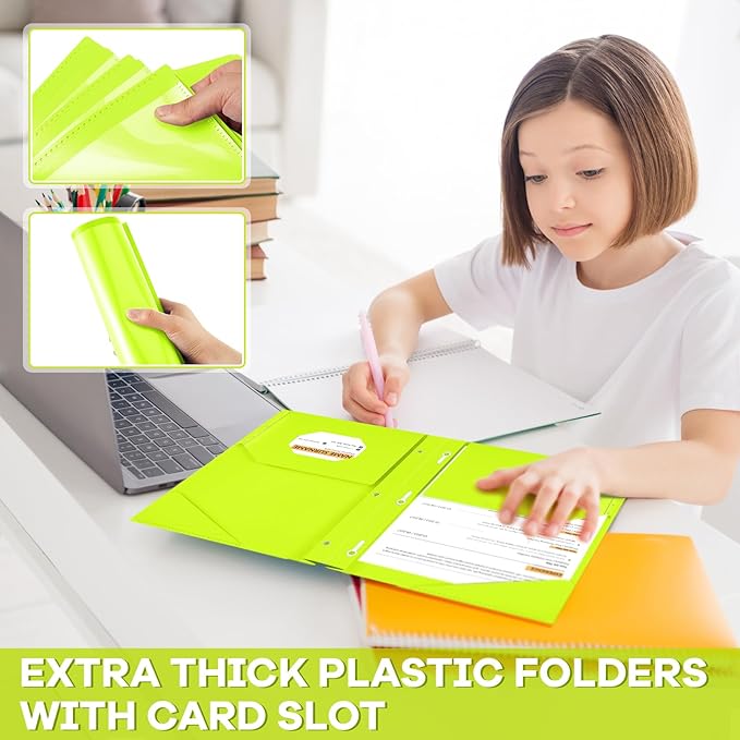 Henoyso 72 Pcs Plastic Folder with Clear Front Pocket and 3 Prong Plastic Folders with Card Slot Pocket Folders with Prongs for School Office (Fluorescent Green)