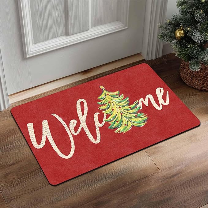 Christmas Welcome Tree Door Mat Merry Christmas Doormat Indoor Outdoor Entrance Floor Rug Non Slip Winter Decor Rubber Welcome Mats, 18" x 30"Inch