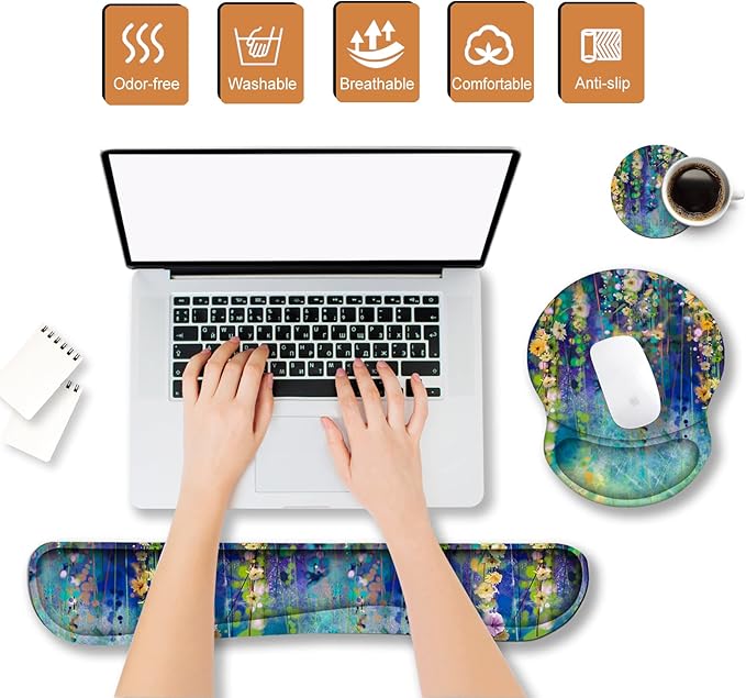 ArtSo Mouse Pad Keyboard Wrist Rest Support Ergonomic, Upgraded Cushion Mousepad Gel Memory Foam Non-Slip Rubber Base Pain Relief & Easy Typing for Home,Office, Oil Painting Flowers