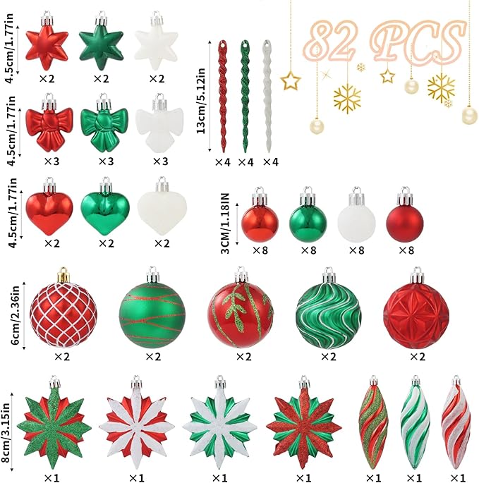 Red Green White Christmas Ornaments Set, 82Pcs Shatterproof Medium Christmas Ball Ornaments, Christmas Decorations Hanging Ornaments for Xmas Trees, Holiday, Party Decor (Red & Green & White)