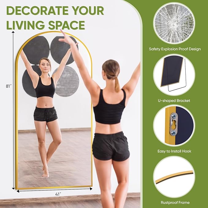Full-Length Floor Mirror with Stand, 81"x41" Arched Style Full Body Standing Mirror for Bedroom, Living Room, Gym, Dorm - Shatter-Resistant & Easy Assembly, Gold