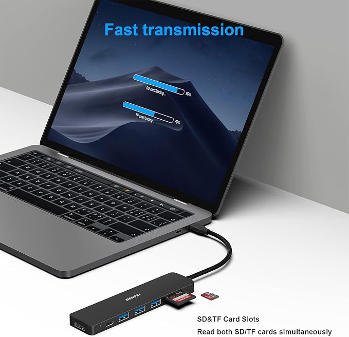 BENFEI USB C HUB 7-in-1, USB-C HUB Multiport Adapter with HDMI (4K @ 60Hz Certified)/100W Power Delivery/3*USB 3.0 5Gbps/SD/TF Card Reader (160MB/s) for iPhone 15 Pro/Max MacBook iPad Pro iMac S23
