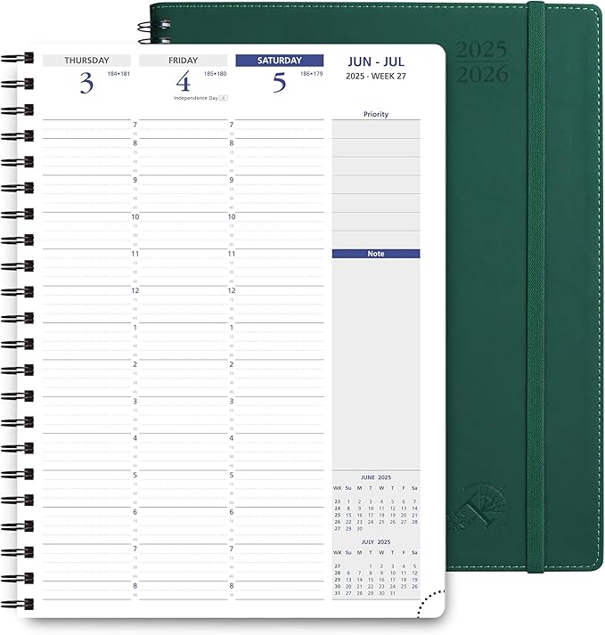 POPRUN 2025-2026 Academic Planner Spiral Bound, 8.5'' x 11.25'' Appointment Book (July 2025-June 2026) Quarter-Hourly Weekly Schedule, Leather Cover, Monthly Tabs, 2 Inner Pockets - Forest Green