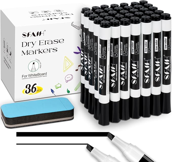 SFAIH Dry Erase Markers Chisel Tip with Magnetic Whiteboard Eraser, 36 Bulk Pack Black White Board Markers for Teachers & Students, Versatile Lines, 1s Quickly Dry, Perfect for Classroom and Office