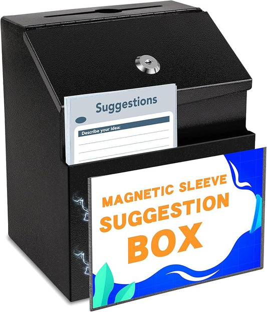 Suggestion Box with Slot and Lock Metal 8.4 x 5.8 x 7.0 inch Built-In Storage Compartment with Magnetic Sign Holder 50 Suggestion Cards Tip Jar Ballot Voting Prayer Comment Mailbox Teacher