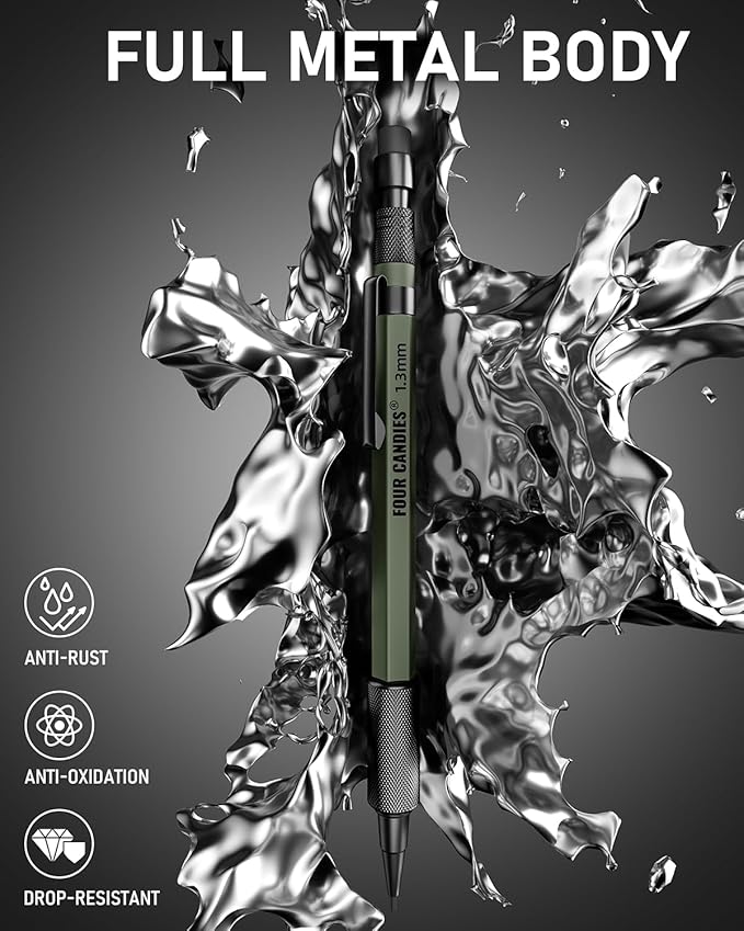 Four Candies 1.3mm Mechanical Pencil Set with 24 Lead Refills, Metal Weatherproof Heavy Duty Outdoor Carpenter Pencil, Eraser, 6 Eraser Refills for Architect Drafting Woodworking Marking with Case