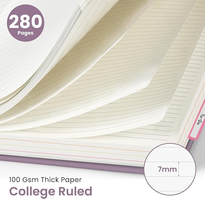Hardcover Spiral Journal Notebooks for Work With Removable Dividers & Tabs, 8.5"x11" 5 Subject Notebook for Note Taking & Organizer, A4 College Ruled Lined Journal for Women & Writing, Purple, 280 Pages