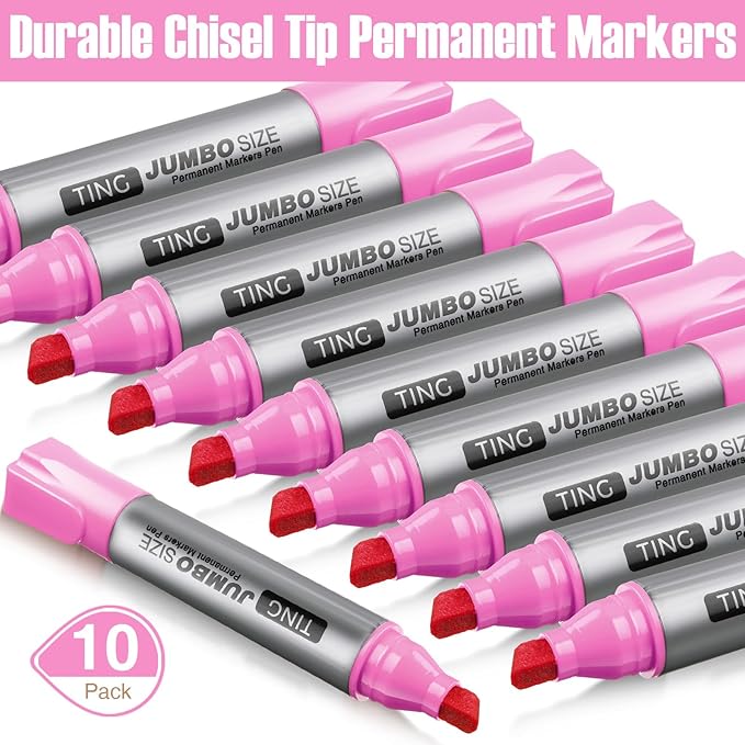 Fuutreo 10 Pack Jumbo Permanent Markers Bulk Large Chisel Tip Permanent Markers Quick Drying Waterproof Big Huge Poster Pens for Office, Logistics Company and More(Pink)