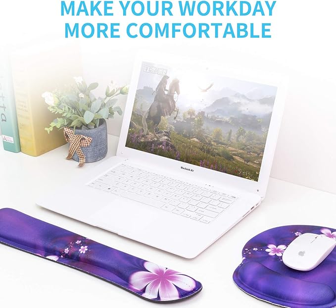 Ergonomic Keyboard Mouse Pad Wrist Rest Support Set for Laptop/Computer/Desktop,Memory Foam Hand Rest Wrist Cushion for Gaming/Office,Lightweight Comfortable & Pain Relief (Purple, Flower)