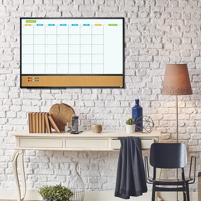 JILoffice Magnetic Calendar Whiteboard & Bulletin Corkboard Combination, Combo Board 36 x 24 Inch, 2 Pack, Black Aluminum Frame Wall Mounted Board for Office Home and School with 10 Push Pins