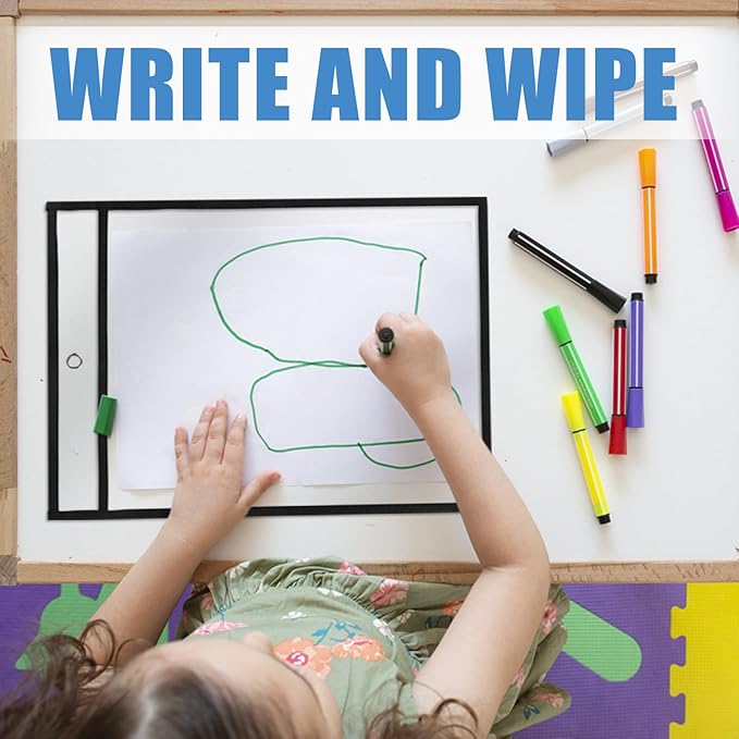 Heavy Duty Dry Erase Pockets 8.5x11, Plastic Paper Sleeves Job Ticket Holder 50 Pack Clear Sheet Protectors 8.5 x 11 Clear Document Sleeves for Shop Office Classroom Home, Black