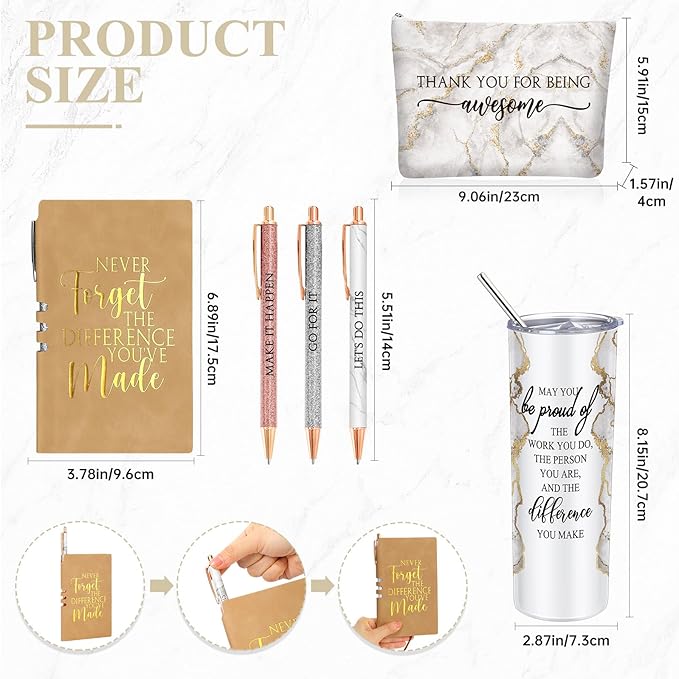 Domensi 6 Pcs Employee Appreciation Gift Set for Women Female Thank You Gift May You Be Proud 20 oz Rustic Marble Sign Tumbler Makeup Bag Journal for Teacher Nurse Lady Work Business(White)