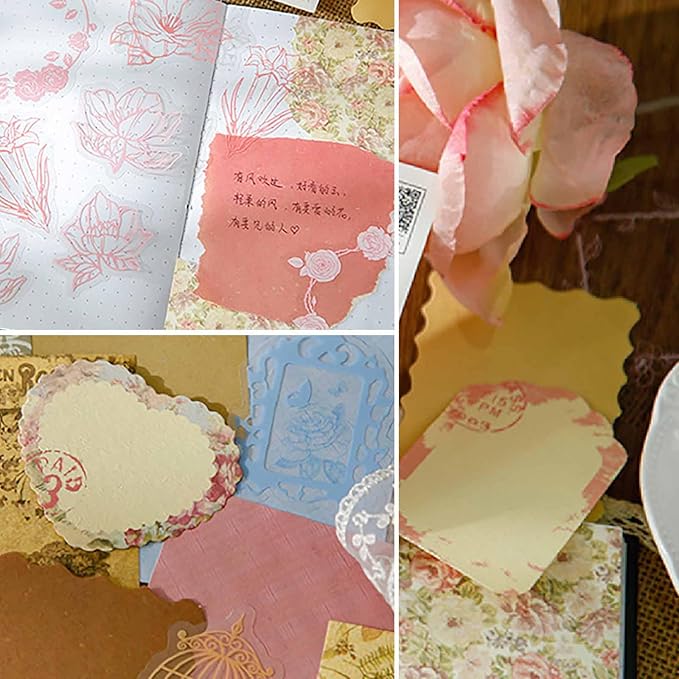 50 Pieces Pink Flower Scrapbook Papers Sticker, Aesthetic Scrapbook Sticker Paper Art Journaling Kit for Bullet Junk Journals, Planner, Cottagecore Decor Gifts