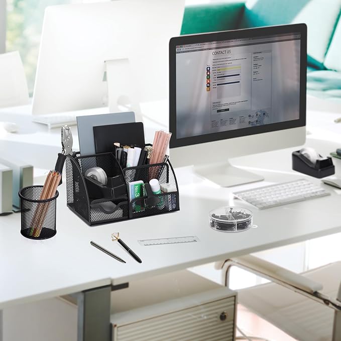 SYMDROMIA 13-in-1 Office Desk Organizer Set with Stapler and Tape Dispenser, Pen Holder, Scissors, Ruler, Hole Punch, 2 Pens & More Desktop Accessories for Back to School Supplies (Black)