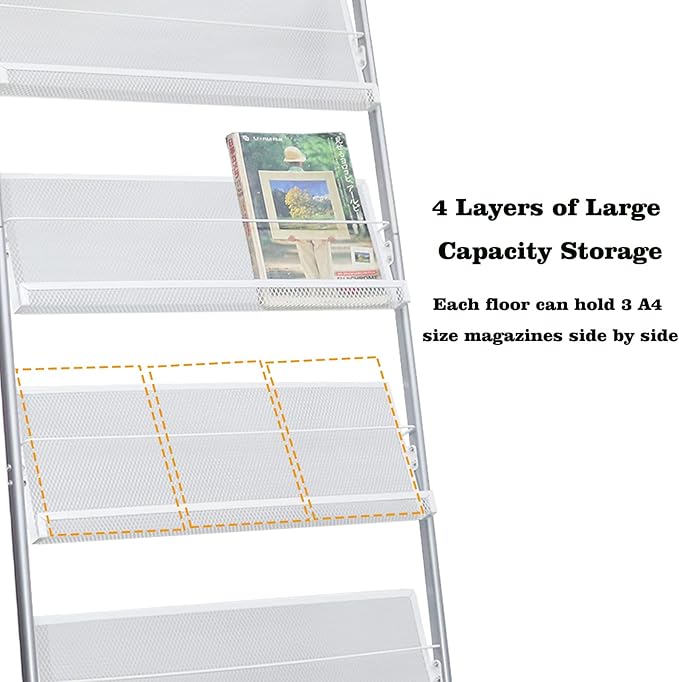 4-Layer Iron Magazine Rack with Wheels, Newspaper Rack, Display Rack, Silver (63)