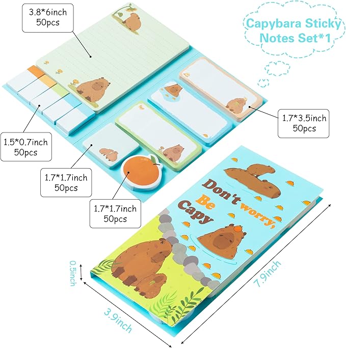 Xqumoi Don't Worry Be Capy Sticky Notes Set, 550 Sheets, Capybara and Orange Pattern Self-Stick Notes Pads Animal Divider Tabs Bundle Writing Memo Pads Back to School Office Supplies Small Gift