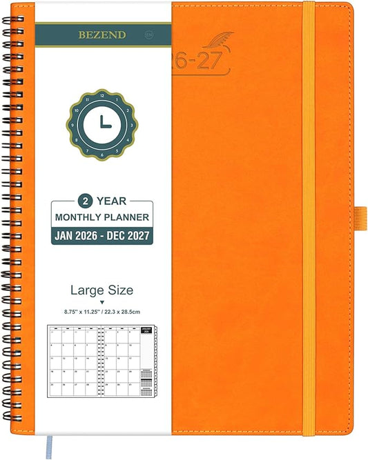 BEZEND Monthly Planner 2026-2027 (Spiral-8.5" x 11") 2 Year Calendar Book with Note Pages - Jan 26 to Dec 27-120 GSM Paper, Inner Pockets, Laminated Tabs, Vegan Leather Softcover - Orange