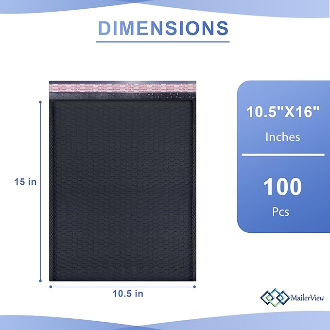 Black 10.5x16 Inch Large Poly Bubble Mailers #5 | Padded Envelopes with Self Seal | Air Lined Cushioned Bubble Mailer | Usable Size 10.5x15 | 100 Pack Bulk | Lightweight shipping Bags | Made in USA