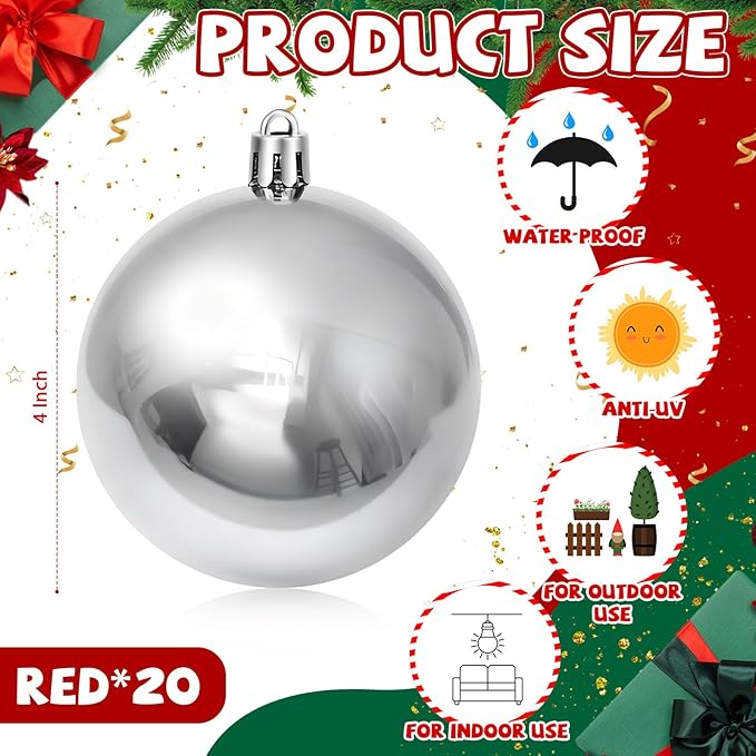 40 Pcs Christmas Ball Ornaments 4 Inch UV Resistant and Waterproof Shatterproof Shiny Plastic Christmas Tree Hanging Ornaments Decoration for Indoor Outdoor Holiday Party(Silver)