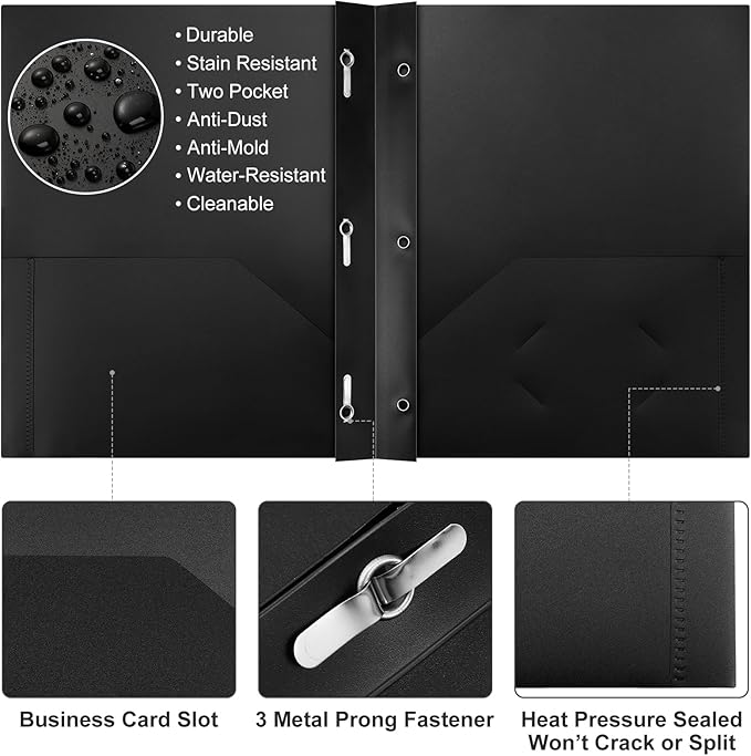 Patelai 48 Pcs Plastic Folders with 2 Pockets and 3 Prongs Home Folders with Card Slot Letter Size Heavy Duty Report Covers for Back to School(Green, Black,Classic)